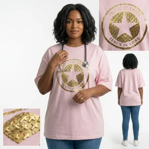 Jesus Is Lord Oversized Gold Puff Print Premium Cotton T-Shirt Ladies