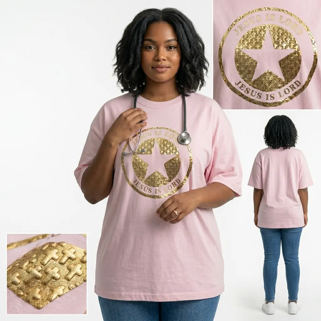 Jesus Is Lord Oversized Gold Puff Print Premium Cotton T-Shirt Ladies