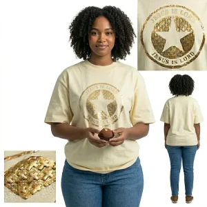 Jesus Is Lord Oversized Gold Puff Print Premium Cotton T-Shirt Ladies