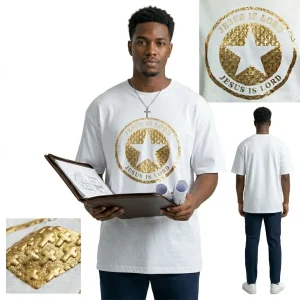 Jesus Is Lord Oversized Gold Puff Print Premium Cotton T-Shirt Men White