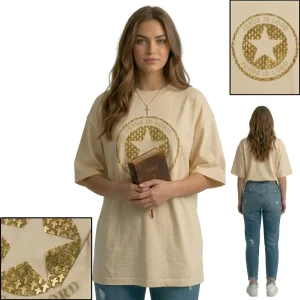 Jesus Is Lord Oversized Gold Puff Print Premium Cotton T-Shirt Ladies