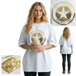 Jesus Is Lord Oversized Gold Puff Print Premium Cotton T-Shirt Ladies