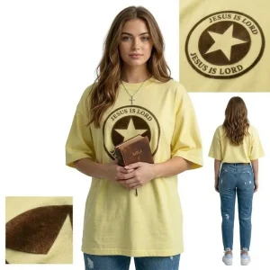 Jesus Is Lord – Premium Flock Signature T-Shirt Ladies Lemon Sobert